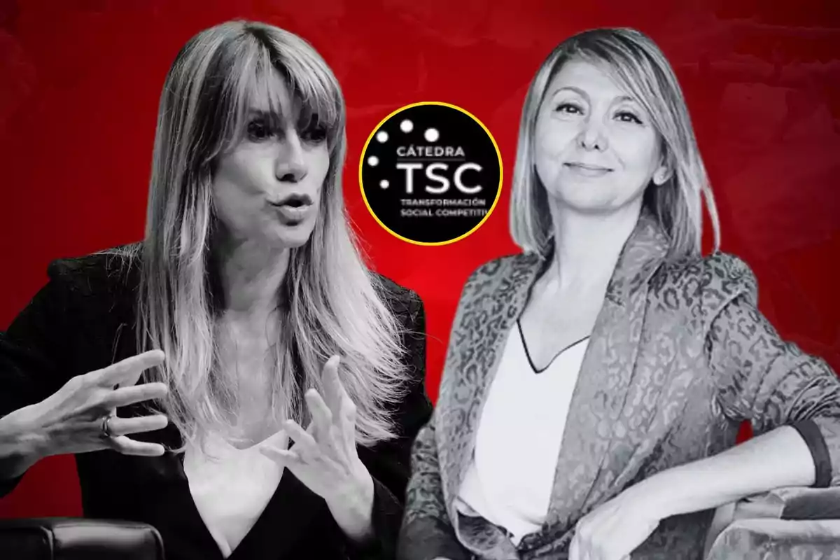 Dos mujeres en blanco y negro sobre un fondo rojo con un logotipo circular negro y amarillo que dice "Cátedra TSC Transformación Social Competitiva".