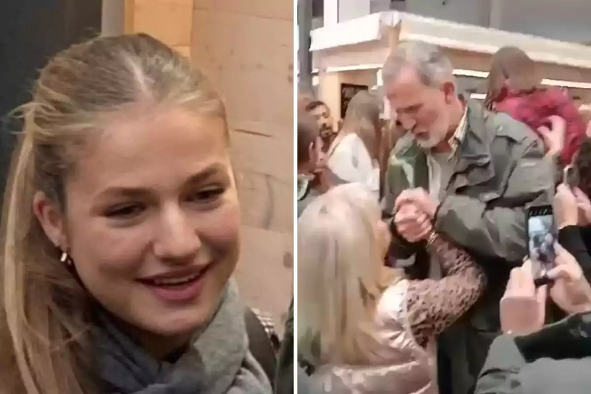 Una joven sonriendo y un hombre mayor saludando a una mujer en un evento concurrido.