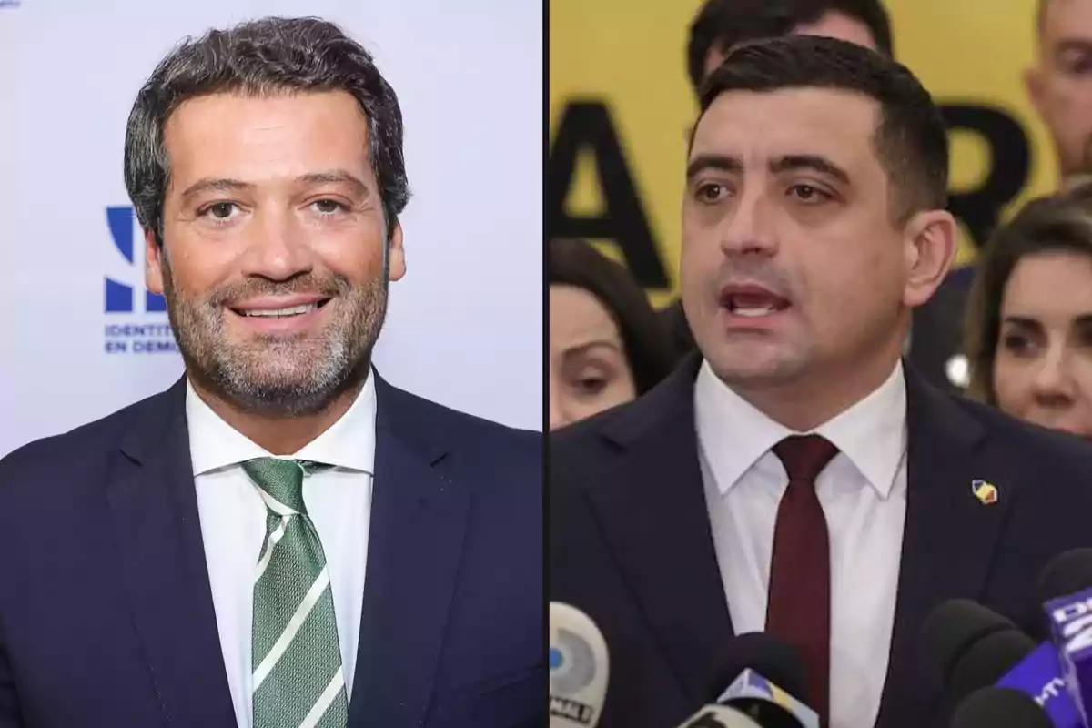Dos hombres en trajes formales, uno sonriendo y el otro hablando frente a micrófonos.