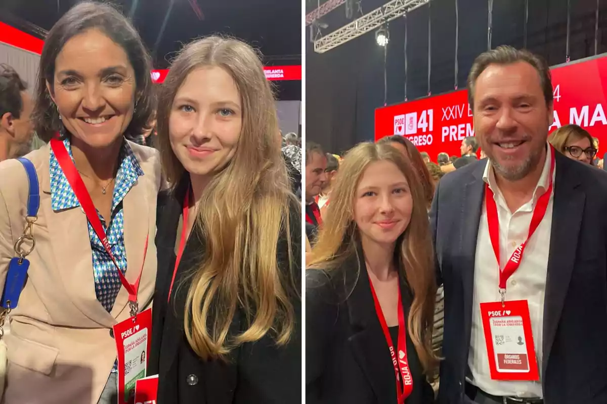 Una joven con cabello largo y rubio posa en dos fotos diferentes junto a dos personas en un evento con carteles rojos de fondo.