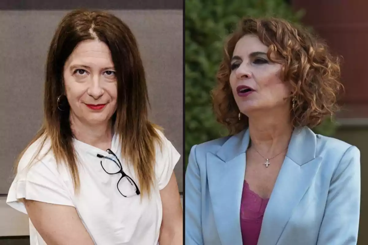 Dos mujeres posan en una imagen dividida, una con cabello lacio y largo usando una camiseta blanca y gafas, la otra con cabello rizado y corto usando un saco azul claro y blusa morada