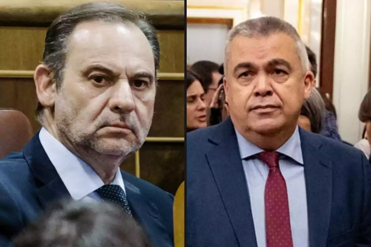 Dos hombres de mediana edad con expresión seria, ambos vestidos con traje y corbata, uno en un entorno institucional y el otro en un ambiente concurrido.