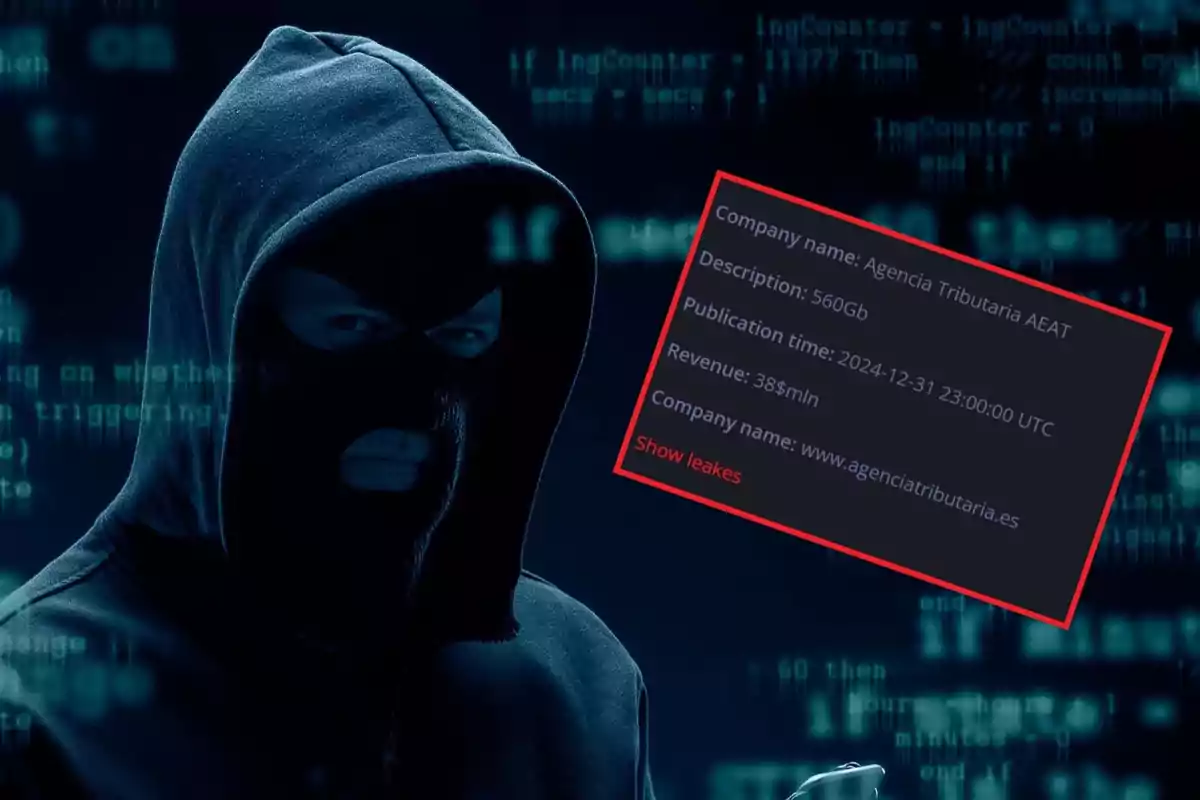 Una persona con pasamontañas y capucha frente a un fondo de código digital con un recuadro que muestra información sobre una filtración de datos.