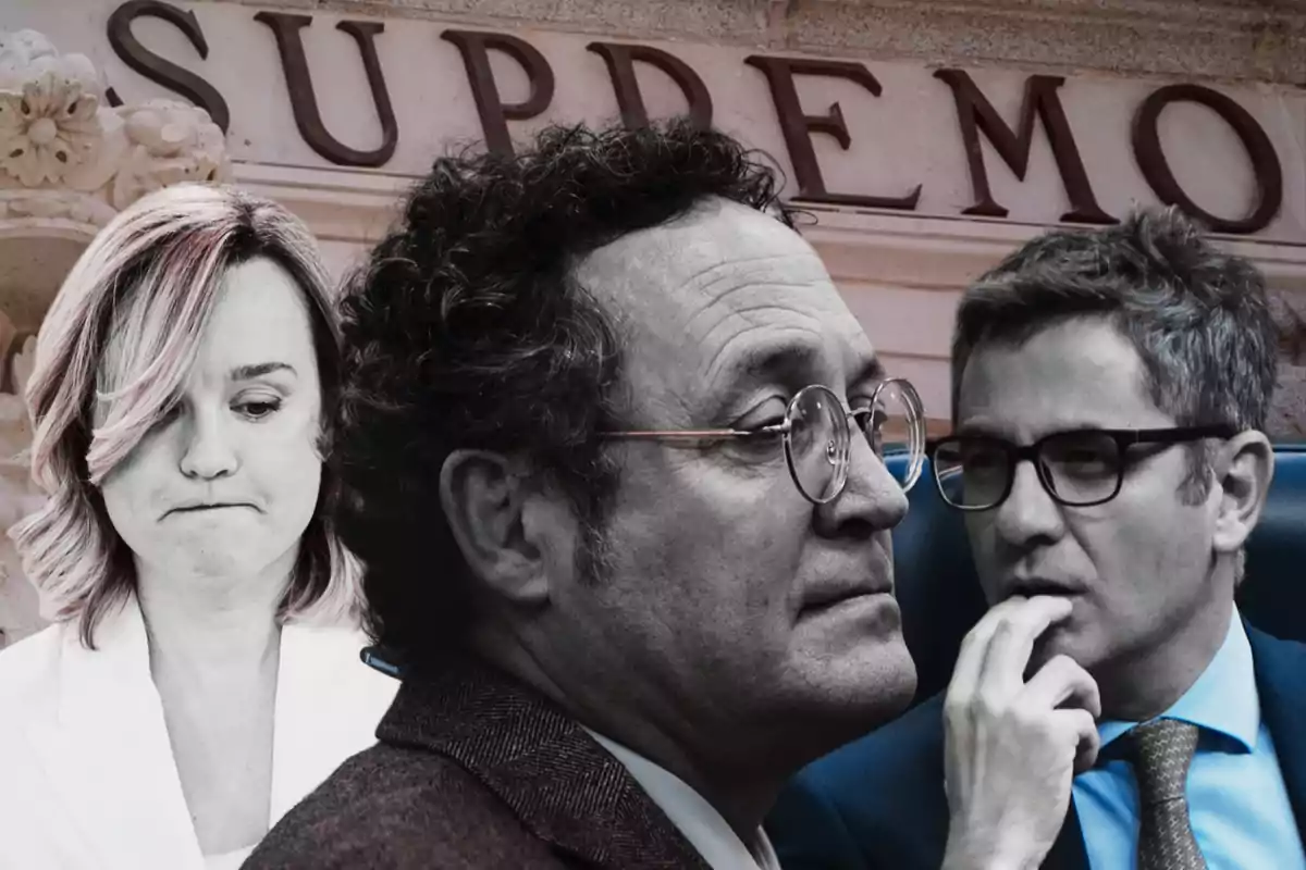 Tres personas con expresiones serias y pensativas frente a un edificio con la palabra SUPREMO en el fondo