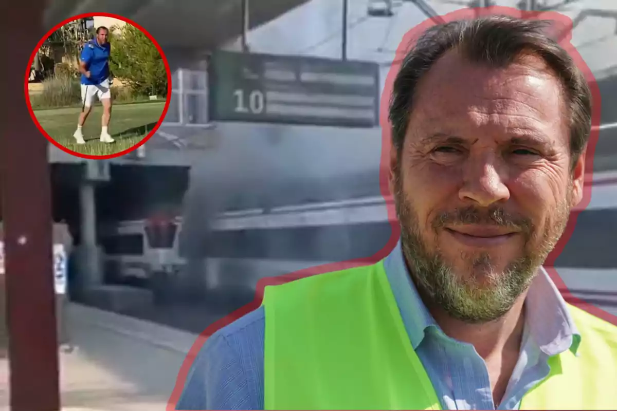 Un hombre con chaleco amarillo sonríe frente a una estación de tren mientras en un recuadro se muestra a la misma persona jugando al golf.