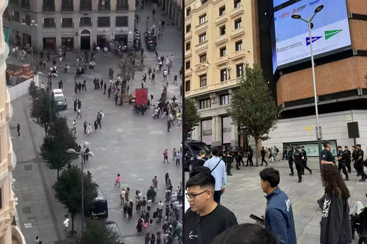 Una plaza concurrida con personas caminando y policías presentes.