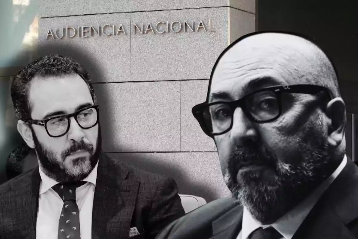 Dos hombres con gafas y barba en un montaje fotográfico frente a un edificio con la inscripción "Audiencia Nacional".