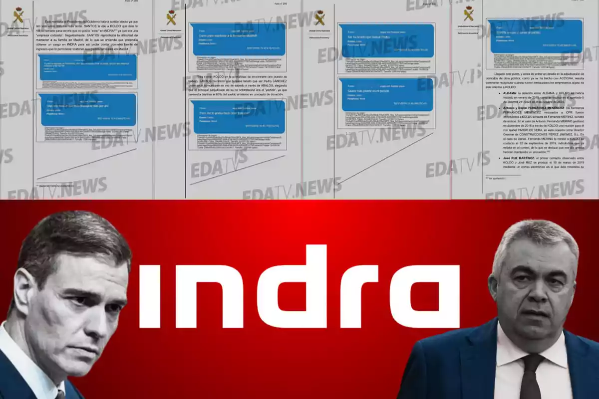 Documentos oficiales con mensajes en la parte superior y en la parte inferior dos hombres serios frente al logo de Indra sobre un fondo rojo