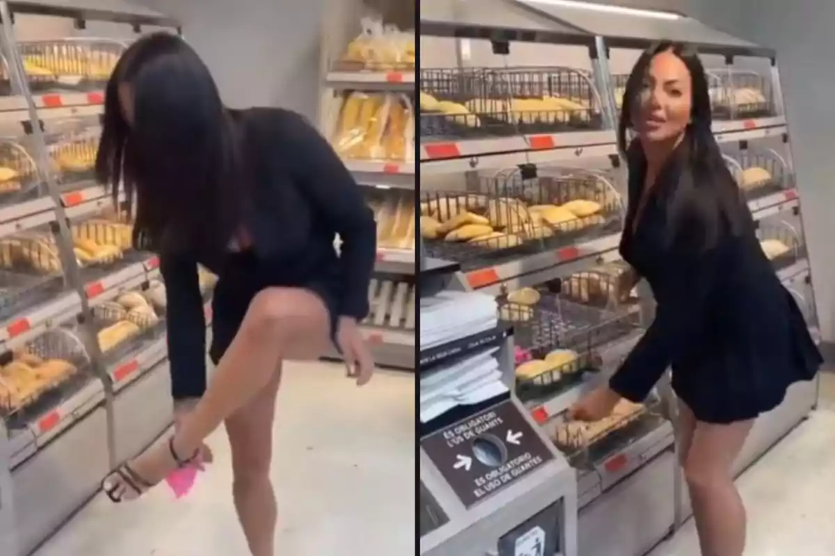 Una mujer vestida de negro está en una panadería, en la primera imagen se está ajustando una sandalia y en la segunda está tomando un pan de una de las bandejas.