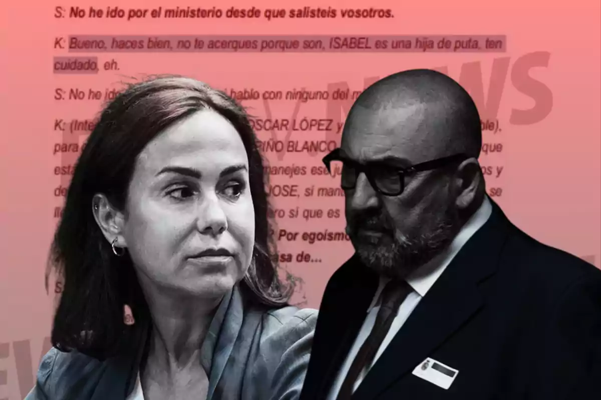 Una mujer y un hombre de aspecto serio aparecen en primer plano, con un fondo de texto resaltado en color rojo.