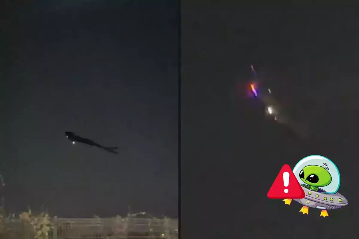 Imagen dividida en dos partes mostrando un objeto volador no identificado en el cielo nocturno, con un emoji de extraterrestre en la esquina inferior derecha.