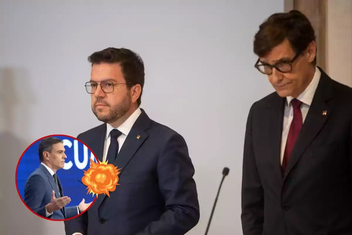 Dos hombres de traje y corbata, uno de ellos con gafas, en una conferencia de prensa; en la esquina inferior izquierda hay un círculo rojo con la imagen de otro hombre hablando y un gráfico de explosión.