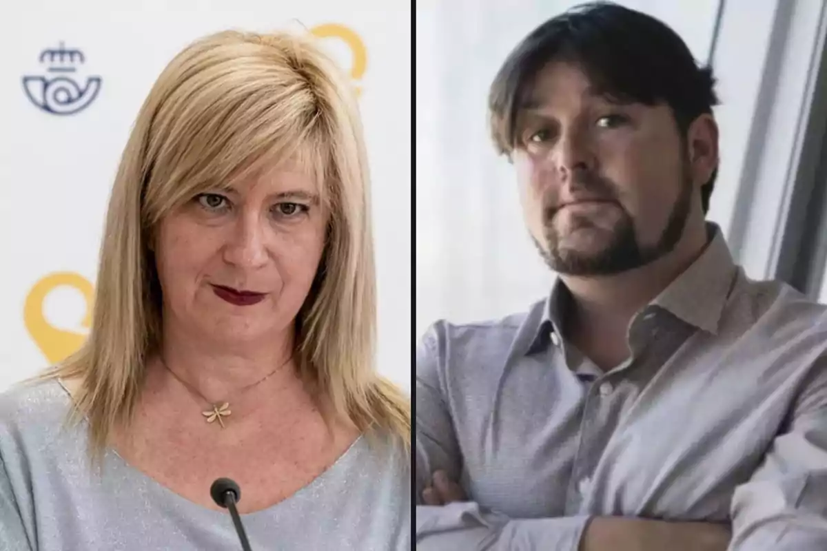 Dos personas posando en retratos separados, una mujer rubia con cabello lacio y un hombre de cabello oscuro con barba, ambos con expresión seria.