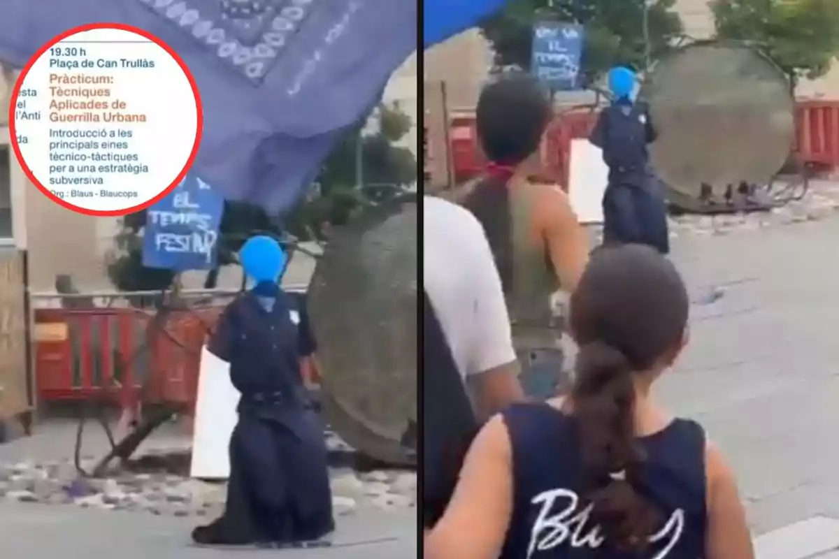 Personas observando una figura vestida de policía con una capucha azul en un evento al aire libre, con un cartel que anuncia una actividad sobre técnicas de guerrilla urbana.