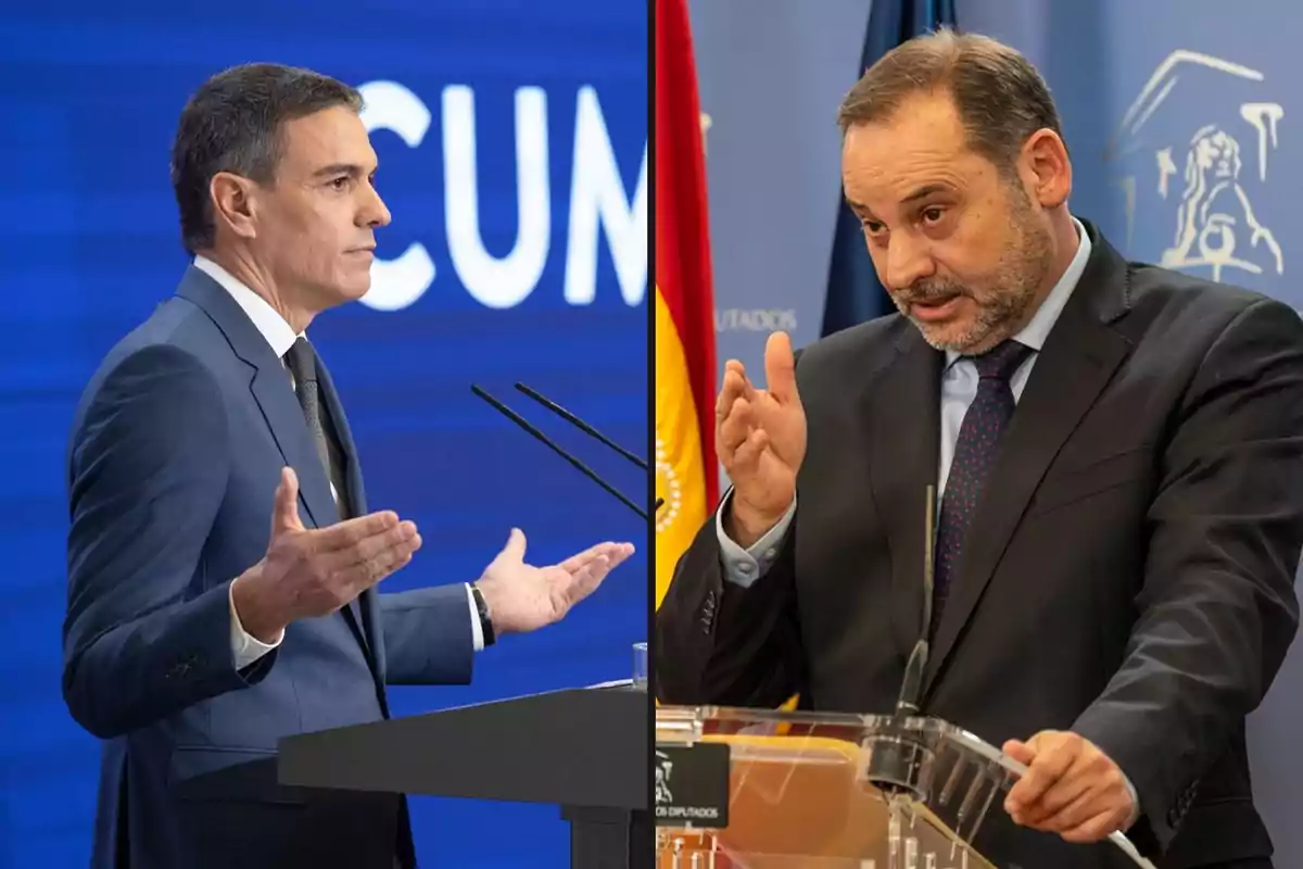 Dos hombres en trajes oscuros hablando en podios separados, uno con fondo azul y el otro con fondo azul y una bandera.