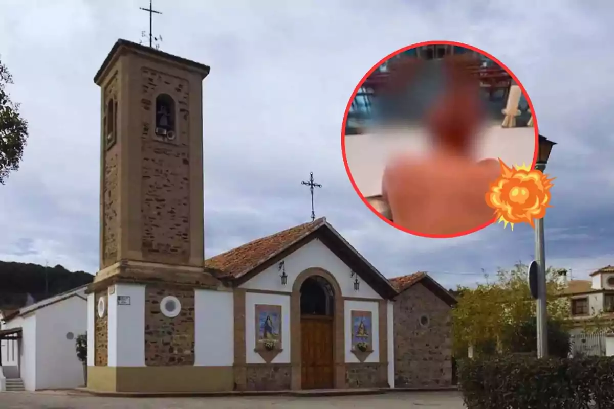 Imagen de una iglesia con una torre de campanario y un círculo rojo que contiene una imagen borrosa en la esquina superior derecha.