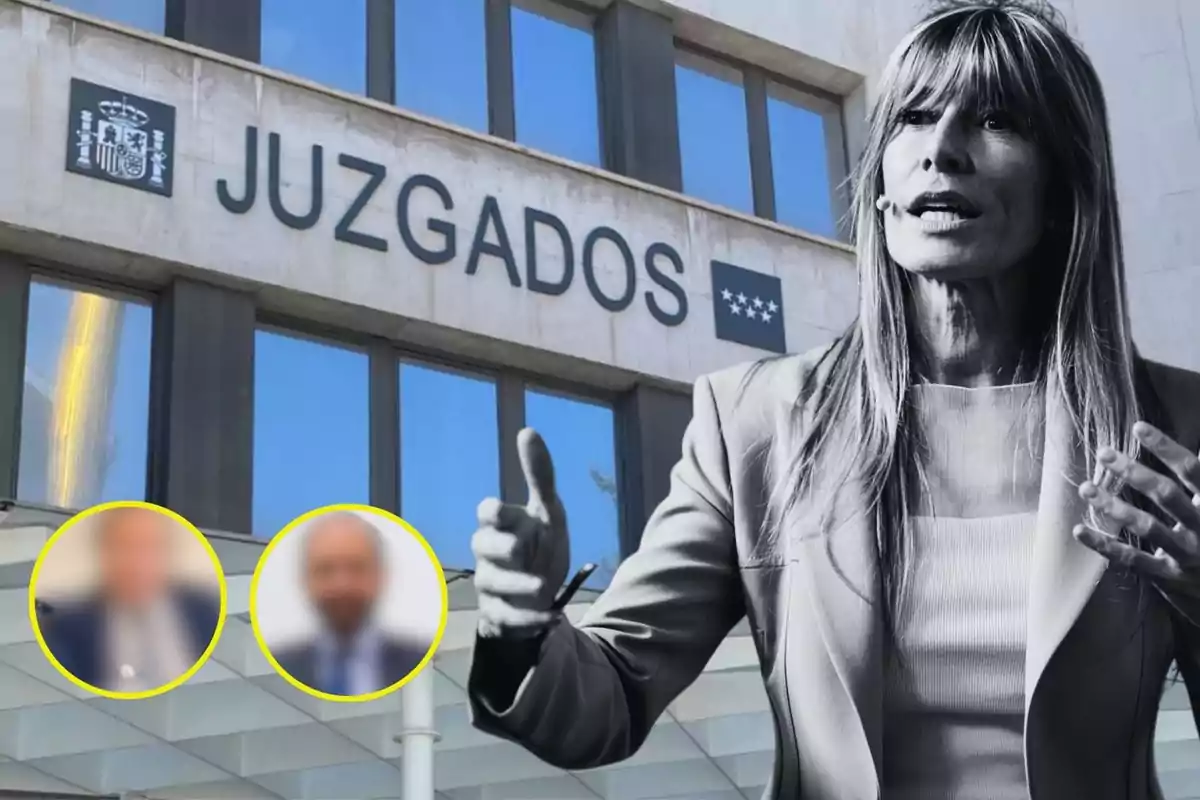 Mujer hablando frente a un edificio de juzgados con dos rostros borrosos en círculos amarillos.