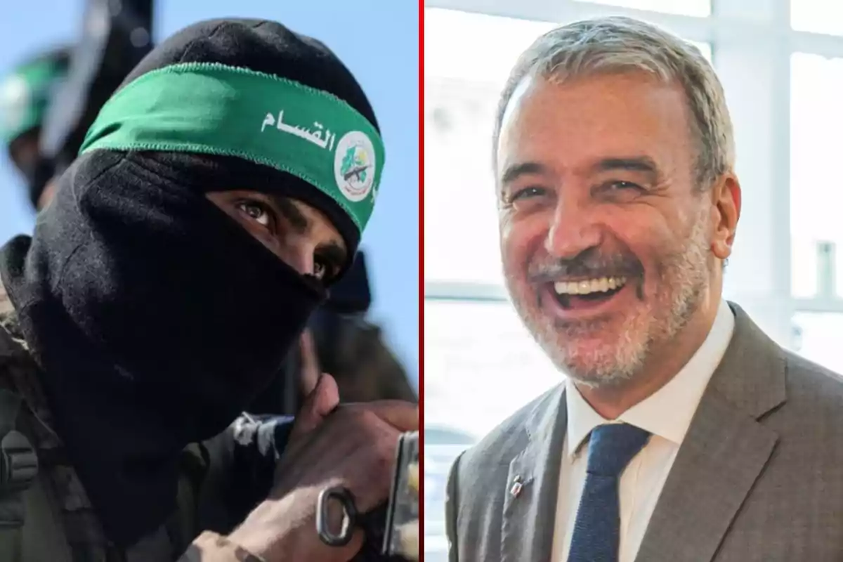 Imagen dividida en dos partes, a la izquierda una persona con el rostro cubierto y una banda verde en la cabeza, a la derecha un hombre de traje sonriendo