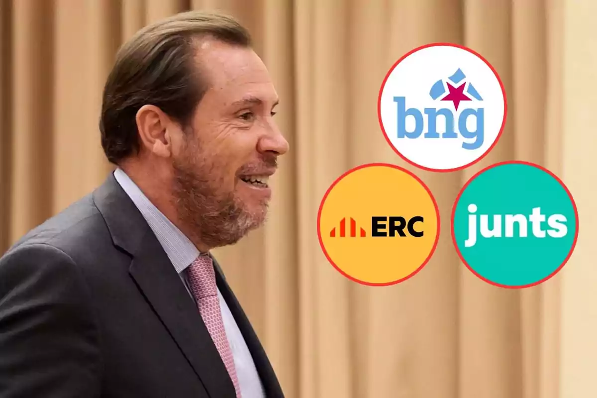 Un hombre de perfil con barba y traje sonríe, mientras a su lado aparecen los logotipos de los partidos políticos BNG, ERC y Junts.