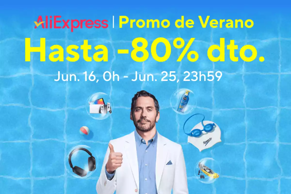 Hombre con saco blanco y camisa azul haciendo señal de aprobación frente a un fondo de piscina con productos de verano y texto promocional de AliExpress que anuncia descuentos de hasta 80 por ciento
