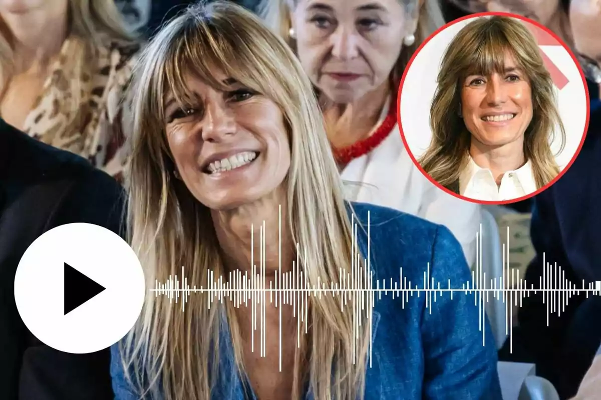 Una mujer sonriente con cabello rubio y flequillo, vestida con una chaqueta azul, está sentada en un evento; en la esquina superior derecha hay un círculo rojo con una imagen más pequeña de la misma mujer, también sonriendo, y en la parte inferior de la imagen hay un icono de reproducción y una onda de sonido.