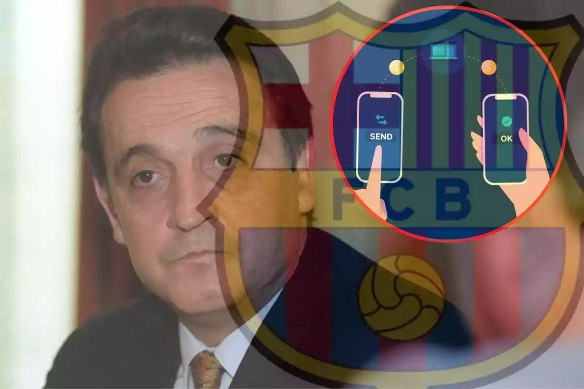 Un hombre con traje y corbata aparece en la imagen, superpuesto con el escudo del FC Barcelona y un gráfico de transferencia de dinero entre dos teléfonos móviles.