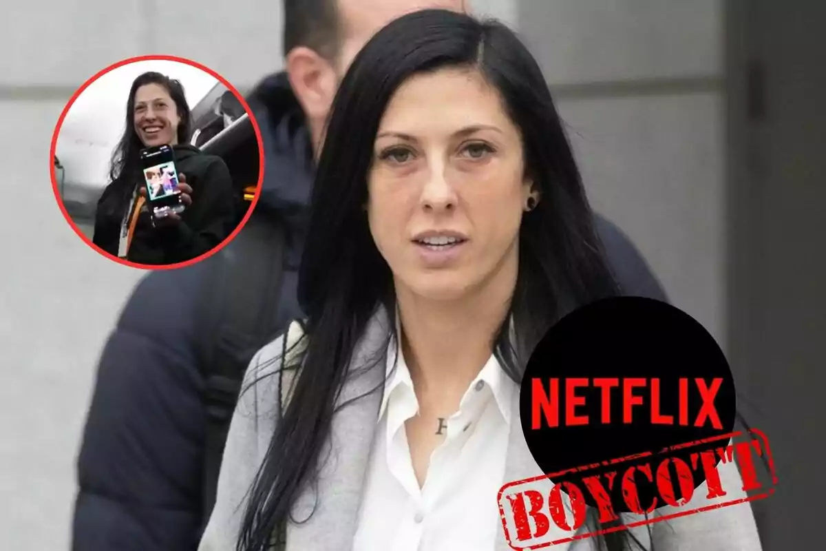 Una mujer de cabello oscuro aparece en primer plano, mientras que en la esquina superior izquierda se muestra un recuadro con la misma persona sonriendo y sosteniendo un teléfono; en la parte inferior derecha hay un gráfico que dice "Netflix Boycott".