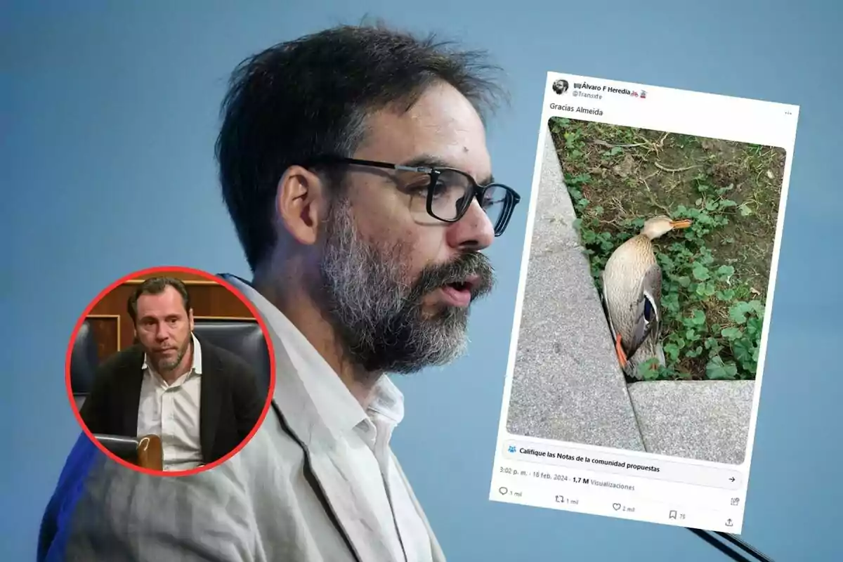 Un hombre con barba y gafas sostiene una imagen de un pato en el suelo mientras en la esquina inferior izquierda hay un círculo rojo con la foto de otro hombre.