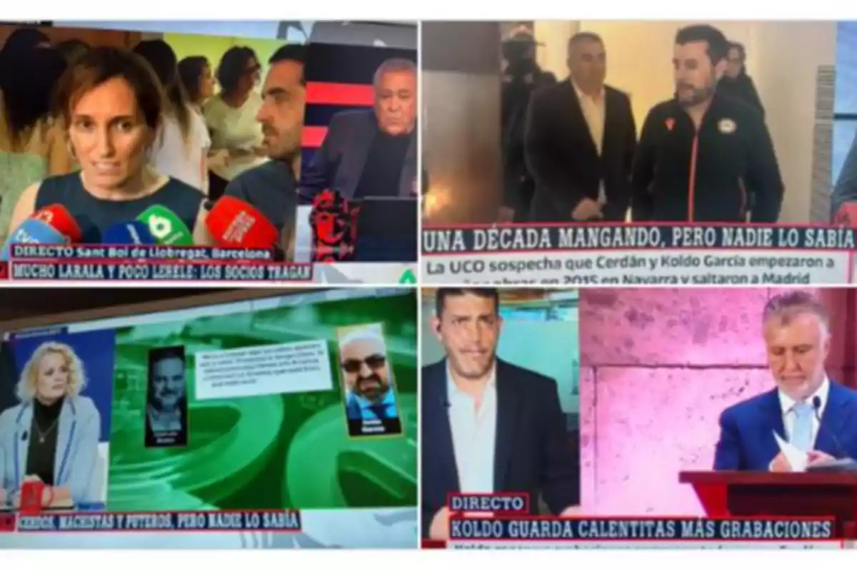 Collage de capturas de pantalla de noticieros españoles mostrando entrevistas, reportajes y titulares sobre casos de corrupción y declaraciones de diferentes personas en distintos escenarios. Collage de capturas de pantalla de noticieros españoles mostrando entrevistas, reportajes y titulares sobre casos de corrupción y declaraciones de diferentes personas en distintos escenarios.