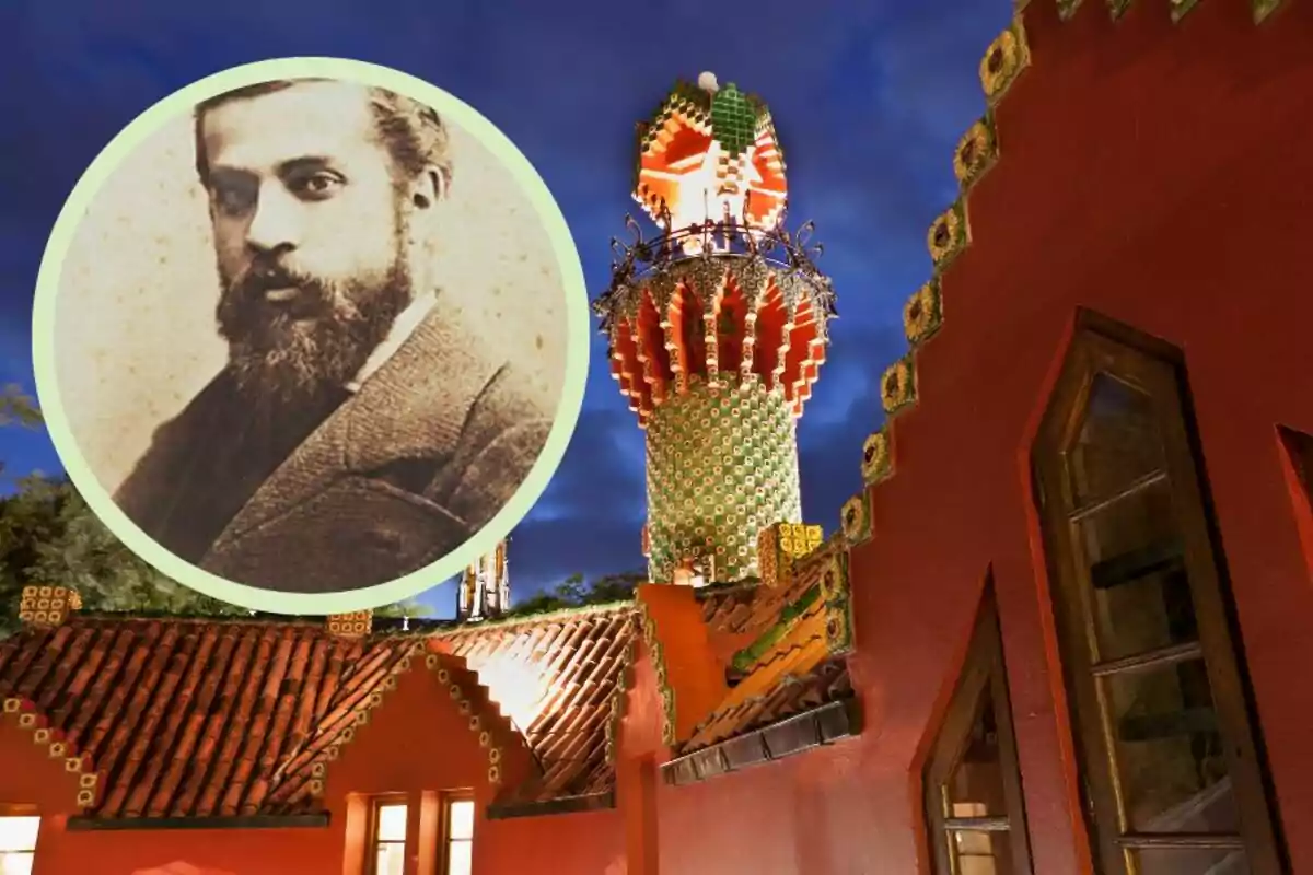 Retrato de un hombre con barba en un círculo superpuesto sobre una imagen de un edificio con arquitectura colorida y detallada.