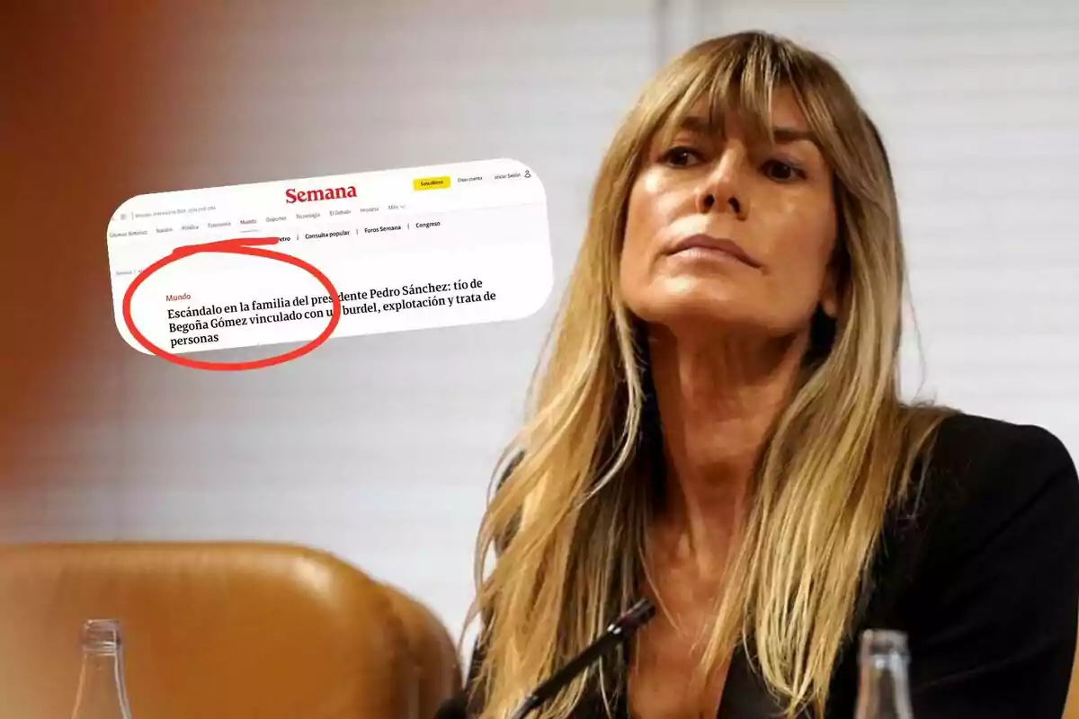 Una mujer con cabello rubio y expresión seria está sentada en una sala, mientras que en la esquina superior izquierda se muestra un recorte de una noticia con un titular destacado en un círculo rojo.