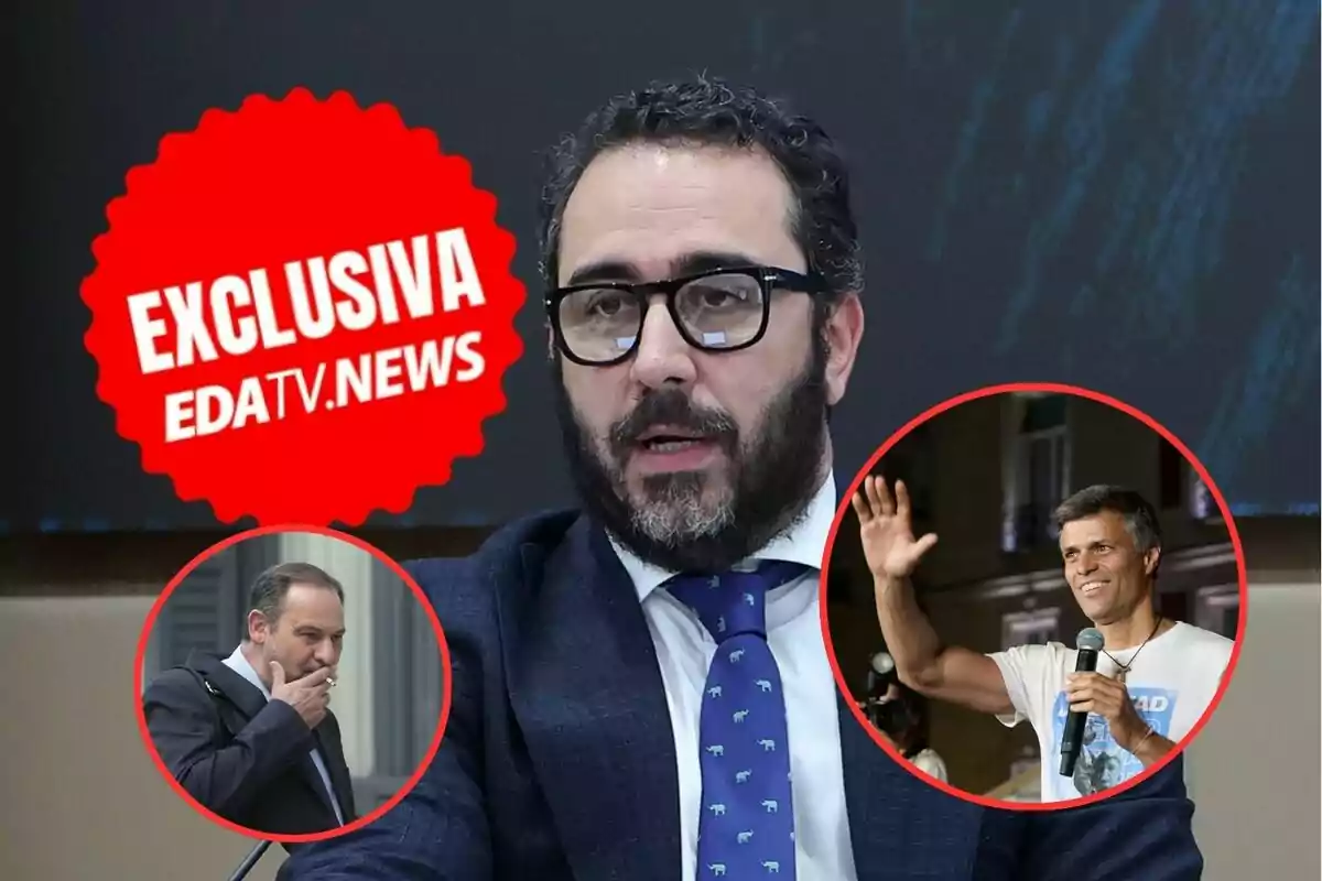 Un hombre con barba y gafas en primer plano, con un sello rojo que dice "EXCLUSIVA EDATV.NEWS" y dos imágenes circulares más pequeñas de otros hombres en el fondo.