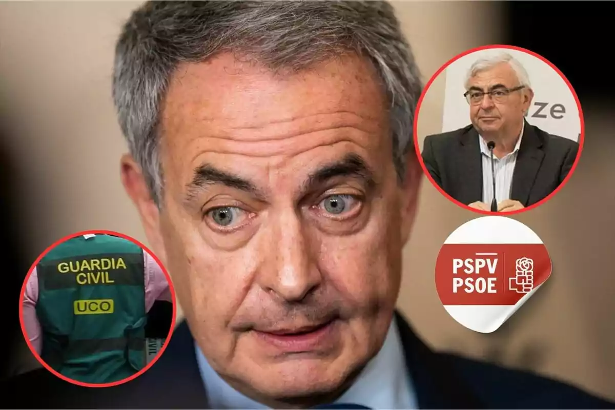 Hombre de cabello canoso con expresión seria, dos imágenes circulares superpuestas, una de un hombre mayor con gafas y otra de un chaleco de la Guardia Civil, junto al logo del PSPV-PSOE.