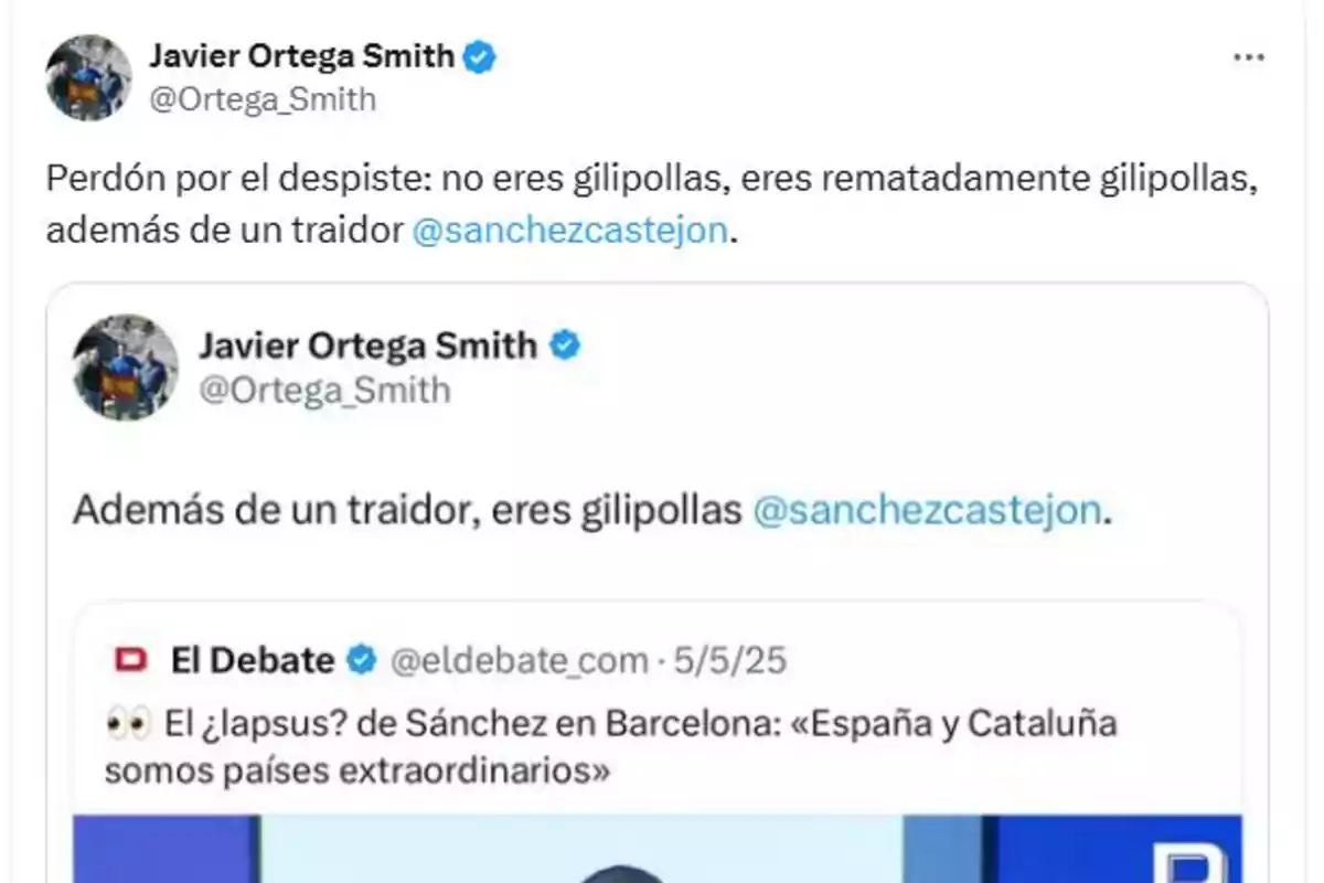 Captura de pantalla de un tuit de Javier Ortega Smith en el que insulta y llama traidor a Pedro Sánchez mencionando su cuenta de Twitter Captura de pantalla de un tuit de Javier Ortega Smith en el que insulta y llama traidor a Pedro Sánchez mencionando su cuenta de Twitter