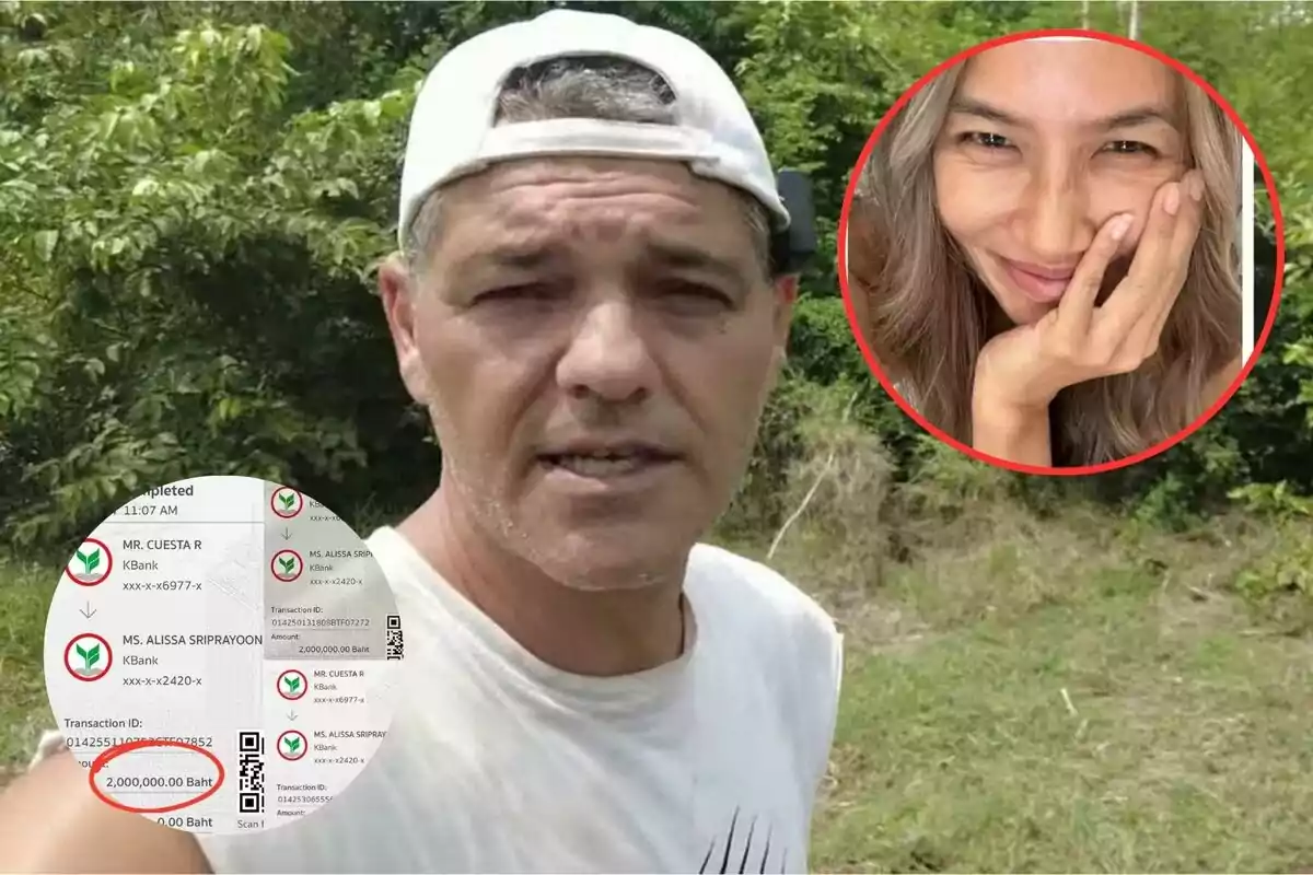 Un hombre con gorra blanca y camiseta blanca está al aire libre, con una imagen insertada de una mujer sonriendo y una captura de pantalla de una transacción bancaria.