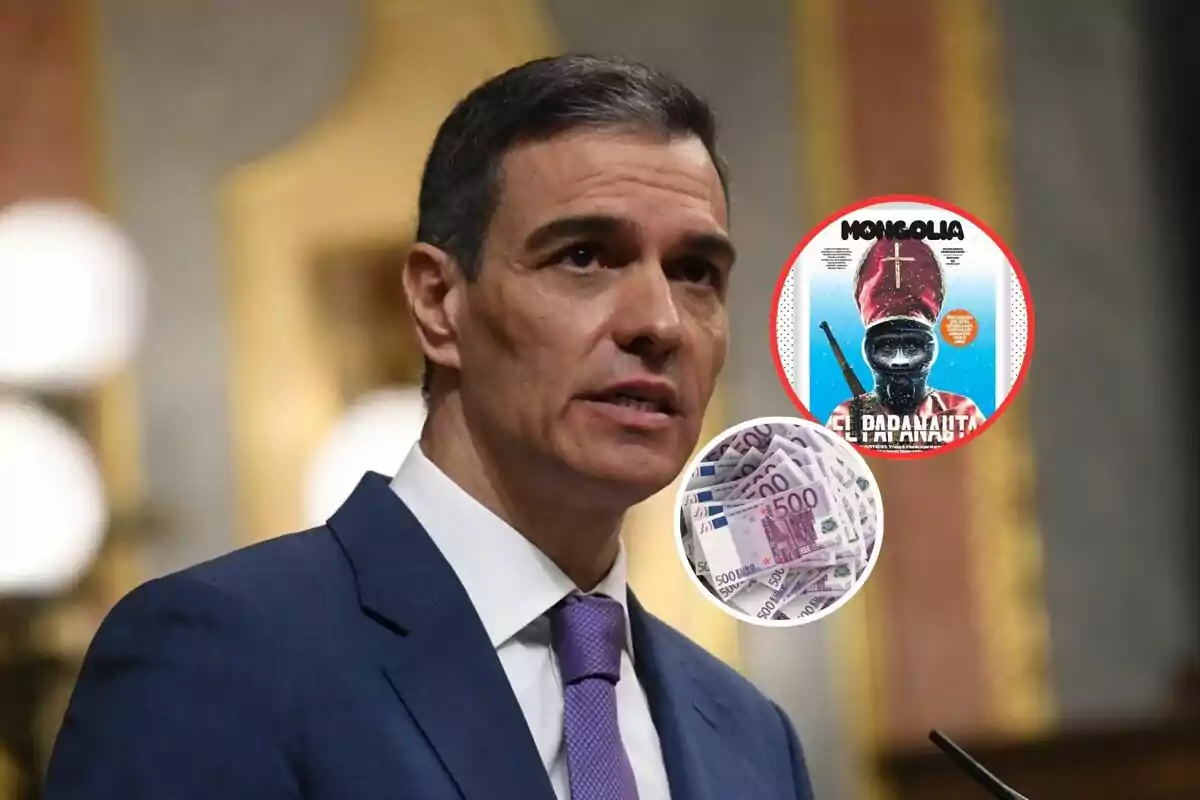 Un hombre con traje y corbata habla en un entorno formal con dos imágenes superpuestas, una de billetes de euro y otra de una portada de revista.
