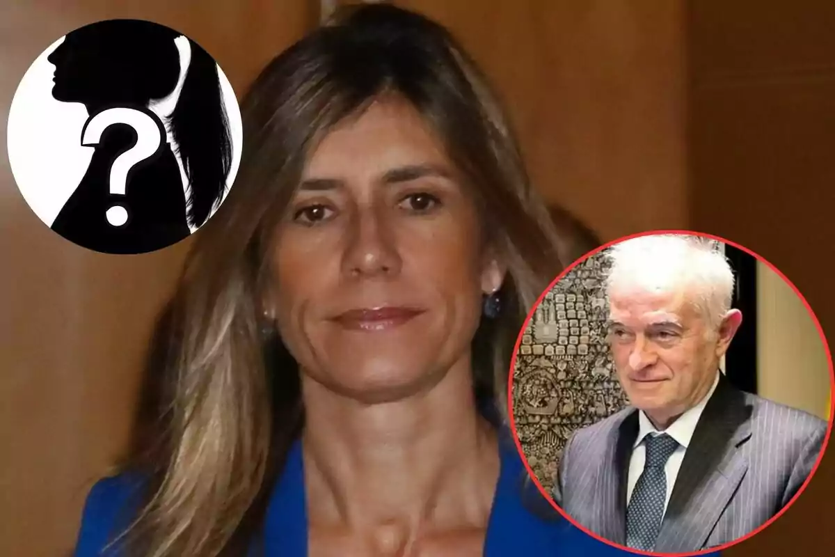 Mujer de cabello largo y rubio con dos imágenes circulares superpuestas, una de una silueta femenina con un signo de interrogación y otra de un hombre mayor con cabello canoso.