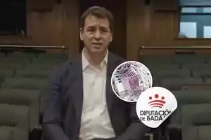 Un hombre sentado en una sala con asientos vacíos, con un gráfico de billetes de 500 euros y el logo de la Diputación de Badajoz superpuesto.