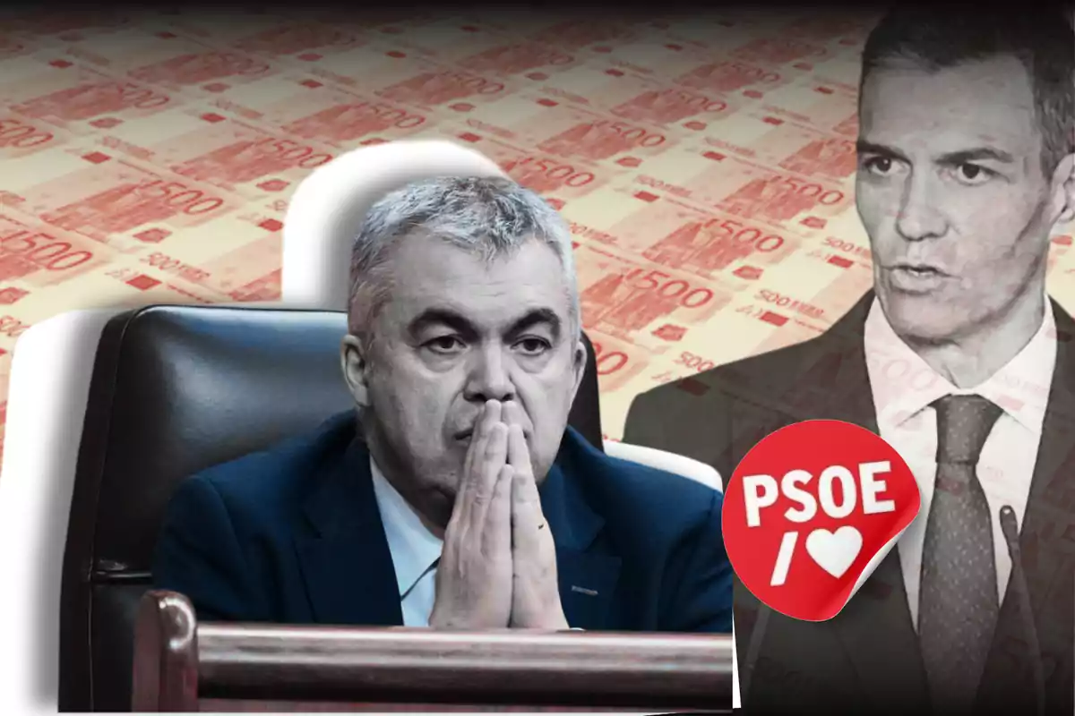 Dos hombres en primer plano, uno pensativo y otro hablando, con billetes de 500 euros de fondo y un logo del PSOE con un corazón rojo