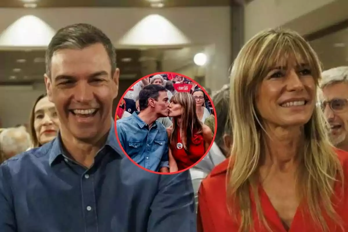 Una pareja sonriente en un evento, con una imagen insertada en el centro que muestra a la misma pareja besándose en un entorno diferente.