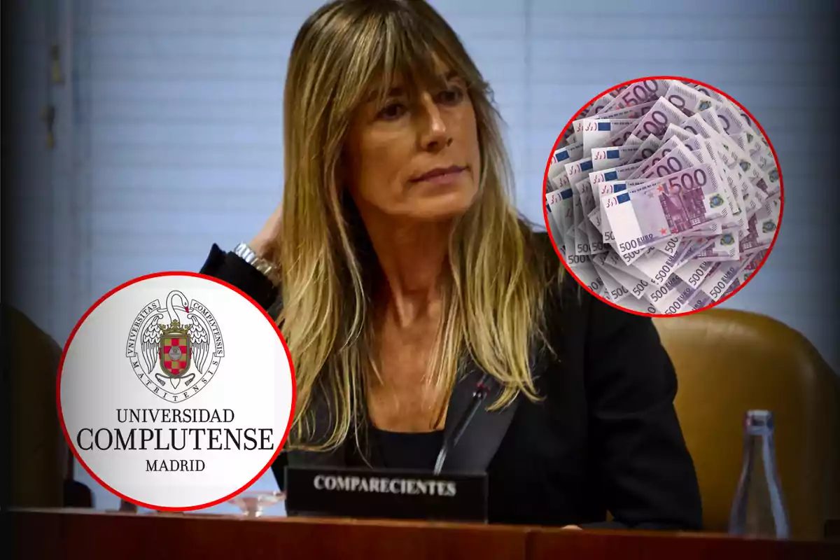 Una mujer sentada en una mesa con un cartel que dice "Comparecientes" y dos círculos superpuestos, uno con el logo de la Universidad Complutense de Madrid y otro con una pila de billetes de 500 euros.