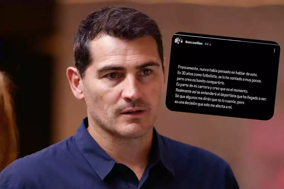 Hombre de cabello corto y oscuro con expresión seria, vistiendo camisa azul, acompañado de una captura de pantalla con un mensaje en fondo negro y texto blanco.