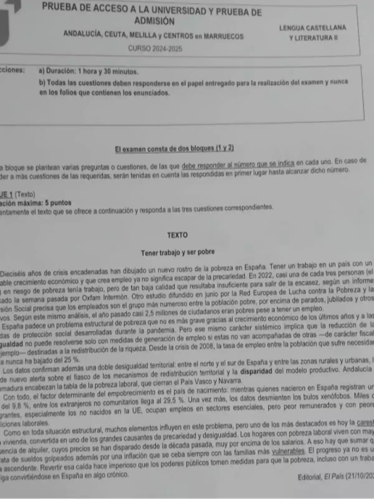 Examen de acceso a la universidad de Lengua Castellana y Literatura II para Andalucía, Ceuta, Melilla y centros en Marruecos, curso 2024-2025, con un texto titulado Examen de acceso a la universidad de Lengua Castellana y Literatura II para Andalucía, Ceuta, Melilla y centros en Marruecos, curso 2024-2025, con un texto titulado