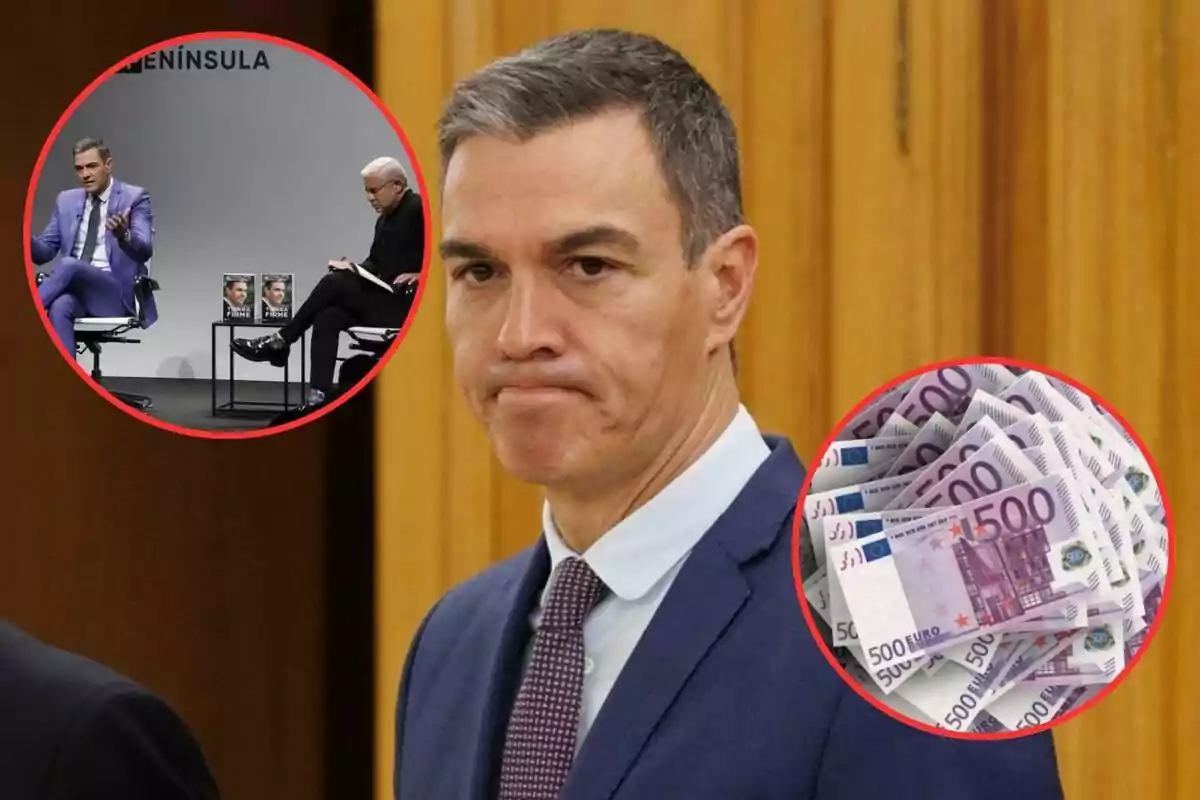 Hombre de traje con expresión seria, acompañado de dos imágenes circulares, una de una entrevista y otra de billetes de 500 euros.