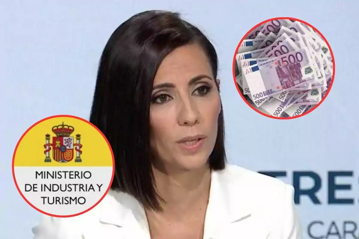 Una mujer con cabello oscuro y chaqueta blanca aparece en la imagen, acompañada de un logotipo del Ministerio de Industria y Turismo de España y un círculo que muestra billetes de 500 euros.