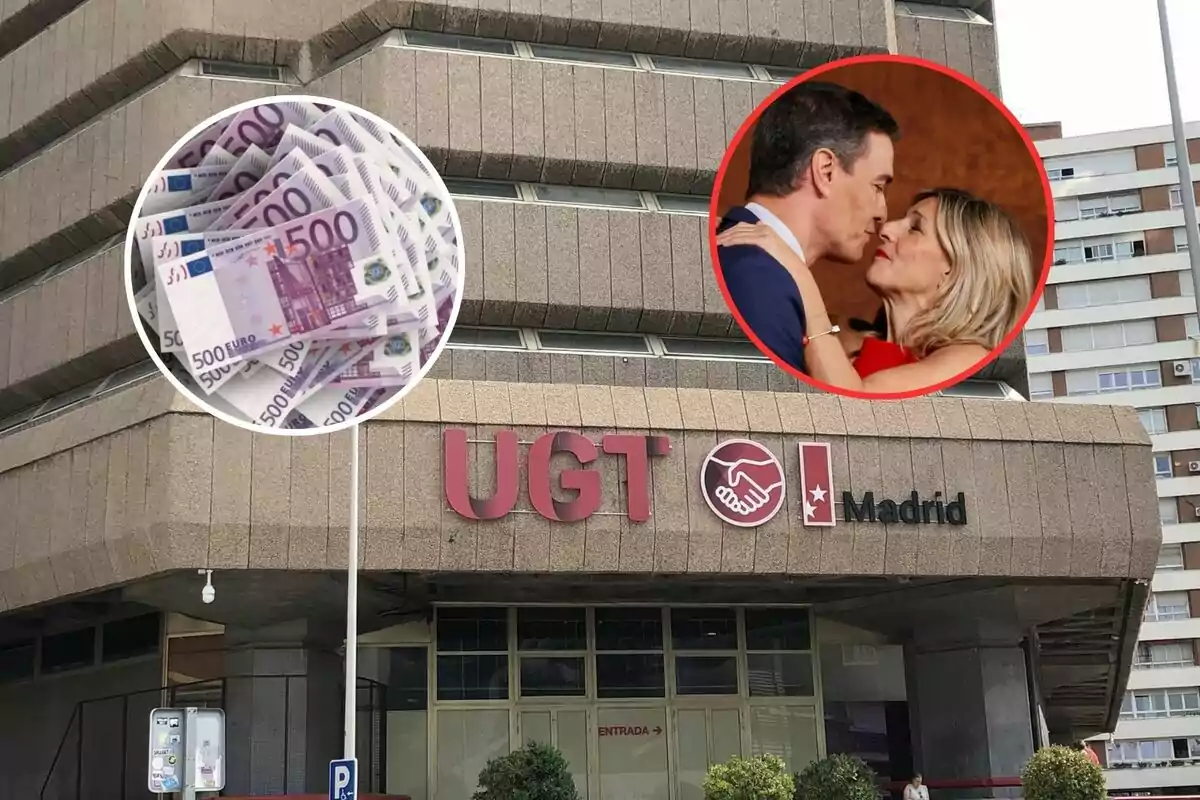 Edificio de UGT Madrid con imágenes superpuestas de billetes de 500 euros y dos personas abrazándose.