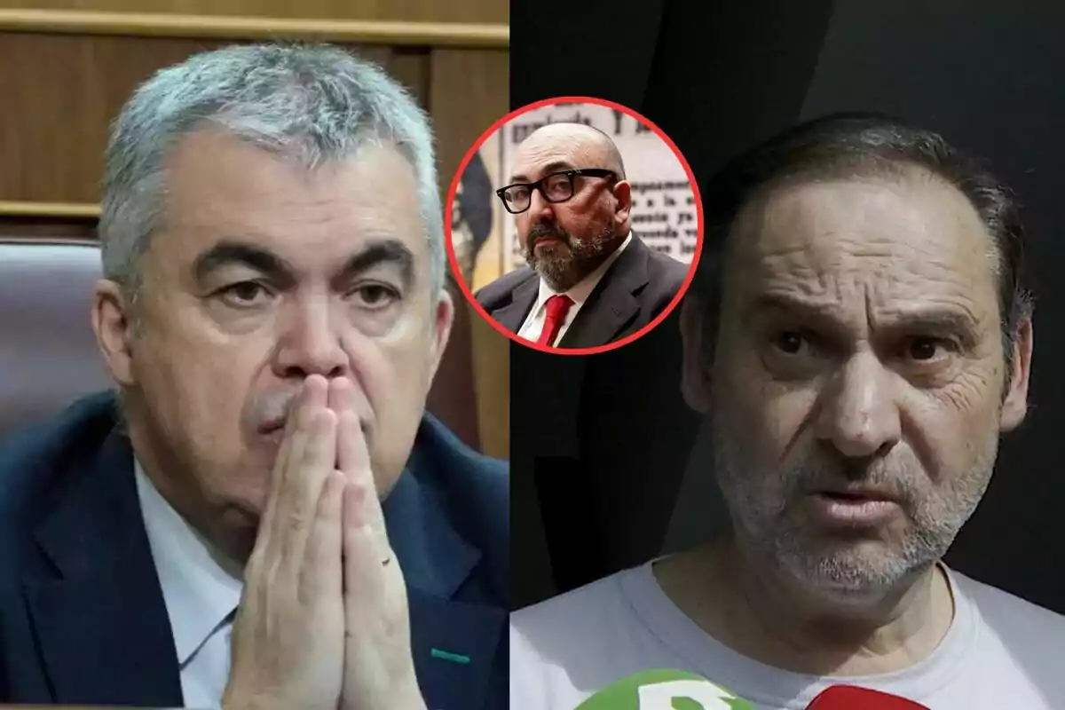 Tres hombres aparecen en la imagen, dos en primer plano con expresiones serias y uno en un círculo rojo en el centro superior