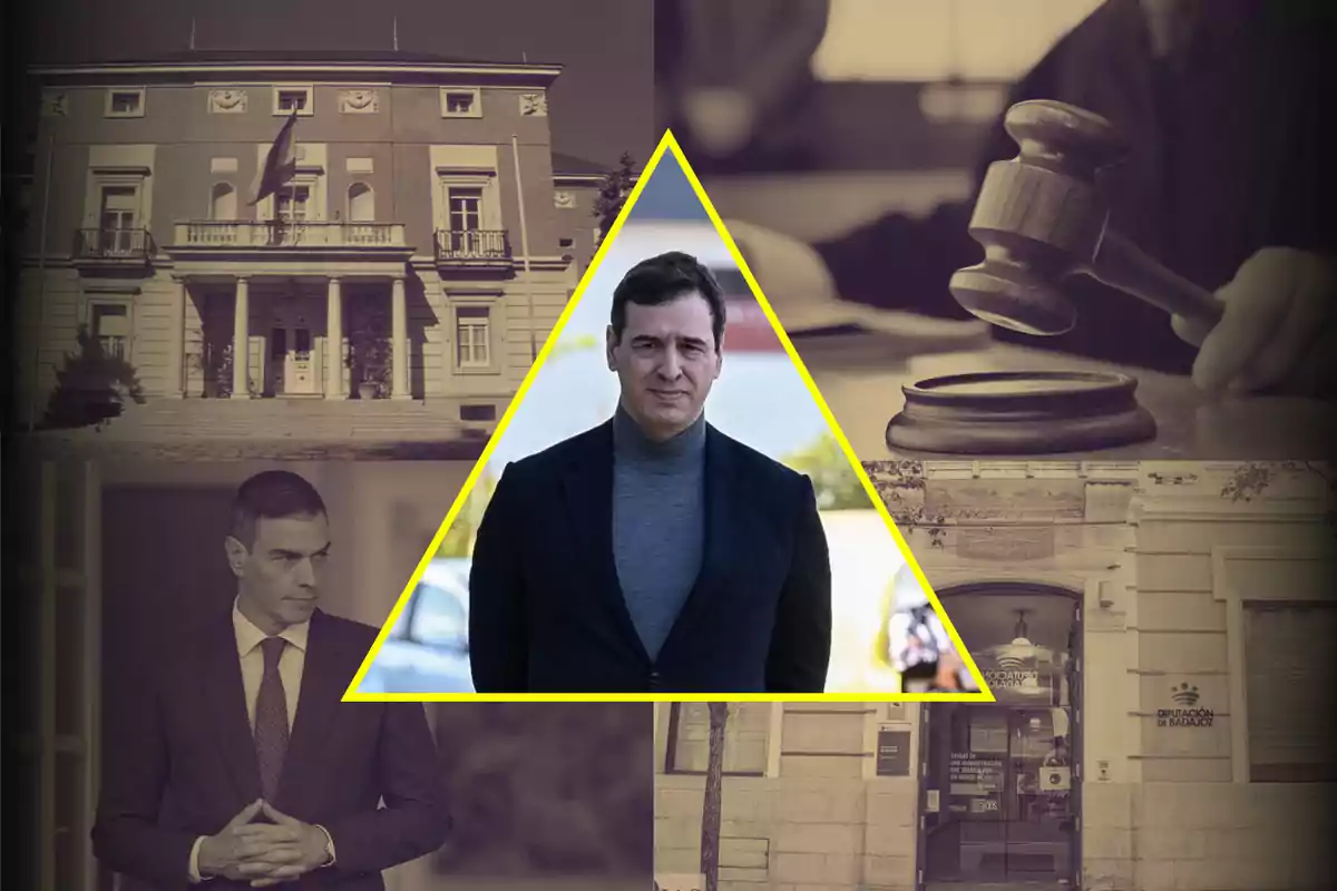 Un hombre en el centro de un triángulo amarillo sobre un collage de imágenes relacionadas con política, justicia y edificios institucionales.