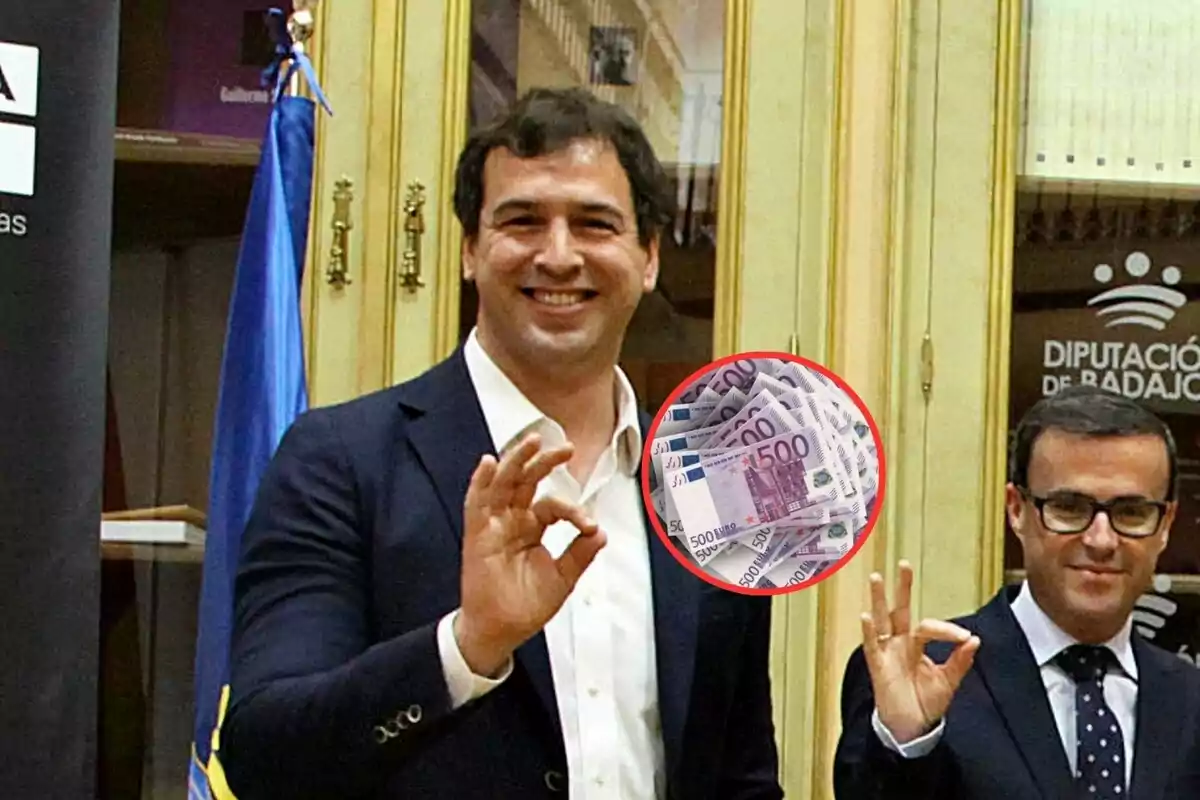 Two smiling men wave while a circle shows 500 euro bills.