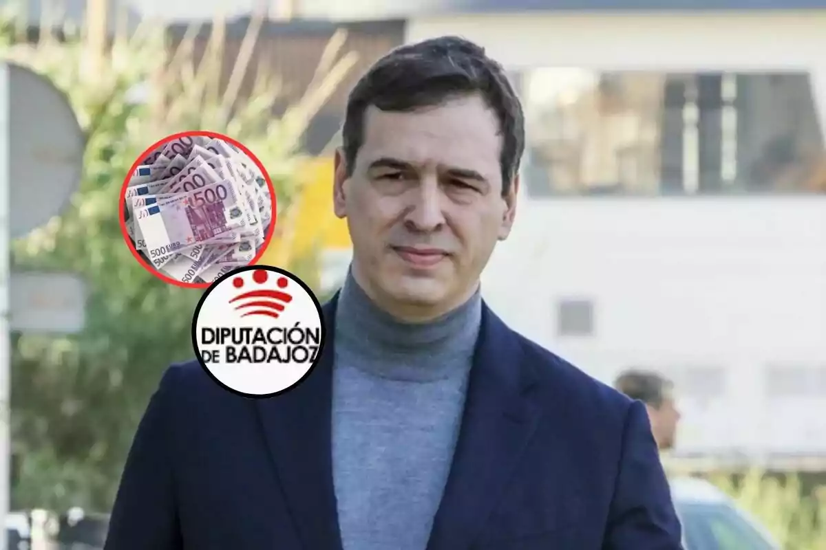 Un hombre con un suéter gris y chaqueta oscura está al aire libre, con un gráfico de billetes de 500 euros y el logo de la Diputación de Badajoz superpuestos en la imagen.